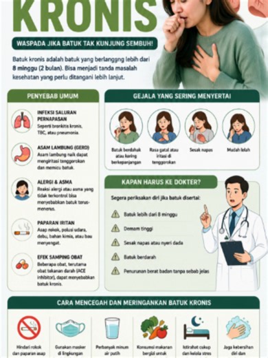 Batuk kronis yang berlangsung lebih dari 8 minggu jangan dianggap sepele. Kenali penyebabnya dan segera periksa jika disertai sesak napas, nyeri dada, demam, atau batuk berdarah. #BatukKronis #KesehatanParu #Batuk #ParuParu #EdukasiKesehatan #infokesehatan #HidupSehat #fyp