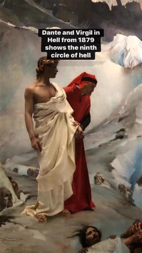 Dante and Virgil in Hell (1879) was painted by the French artist Gustave Courtois (1852-1923).It shows a scene from Dante’s famous book the Divine Comedy, specifically the visit of Dante and Virgil to the ninth circle of Hell, reserved for those who have betrayed their country. At the bottom right is one of the convicts, Ugolino, gnawing at archbishop Ruggieri’s skull. Ugolino is trapped up to his neck in the ice, in the same hole with his betrayer, Archbishop Ruggieri, who left him to starve to