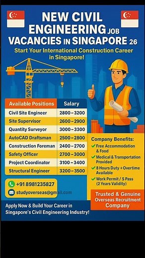 Civil engineering jobs in Singapore 🇸🇬| S pass & E pass for 2 Years #civilengineeringjobs #spassjobs