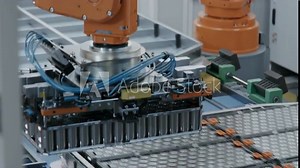 EV Battery Pack for Automotive Industry Assembly. Robot Arm Installing Battery Module into the Frame. Electric Car Smart Factory. Battery Manufacturing Line. Automated Production Line.