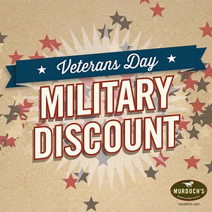 If you’re a veteran, we’d like to say thank you. In honor of Veterans Day, please enjoy 15% off almost everything in our stores Tuesday through Thursday, Nov. 9 - 11. Cheers to the heroes who fought for our freedom! | Murdoch's Ranch & Home Supply