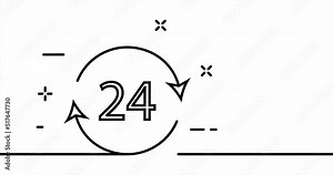 Around the clock. 24 hours with circular arrows. Work, hotline, support service. Business concept. One line drawing animation. Motion design. Animated technology logo. Video 4K