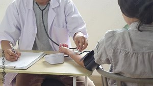 Doctor Using Sphygmomanometer With Stethoscope Checking Blood Pressure To A Female Patient In The Hospital.
