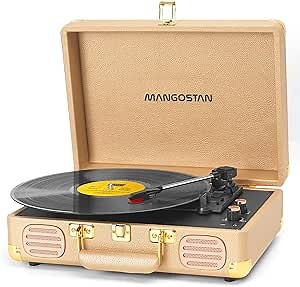 Record Player 3 Speed Bluetooth Portable Suitcase, Vinyl Phonograph with Built-in Bass & Speakers, Belt-Driven LP Player Support AUX-in RCA Line Out Headphone Jack, Champagne Gold
