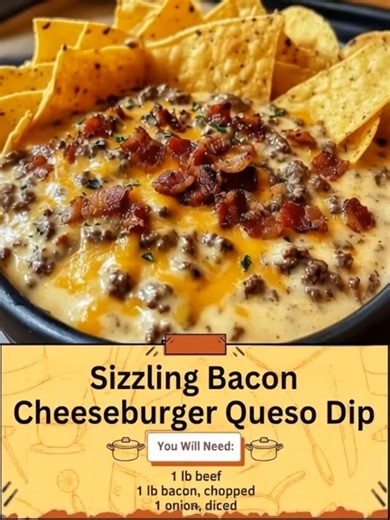 Sizzling Bacon Cheeseburger Queso Dip - 😲DON'T LOSE IT With just a few simple ingredients, you can whip up this party dip, perfect for lake days, game days, and every gathering in between 😍🥨! Ingredients: • 1 lb beef • 1 lb bacon, chopped • 1 onion, diced • 1 lb light Velveeta cheese, cubed • 4 oz reduced-fat cream cheese, softened and cubed • 1/2 cup milk, plus more if needed | Nevaeh Recipes