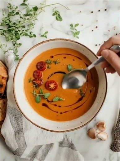 🍅✨ Roasted Heirloom Tomato Gazpacho — Smooth, Vibrant, and Sun-Kissed ✨🥣