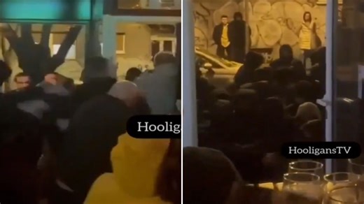 Shocking moment Red Star hooligans storm bar & beat Man City fans with sticks