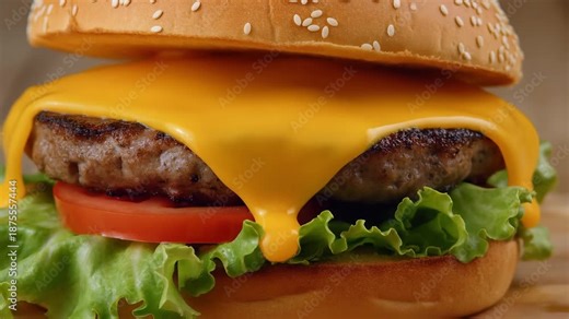 Classic cheeseburger with fresh toppings. This mouthwatering cheeseburger features a juicy beef patty topped with melted cheddar cheese, crisp lettuce, and ripe tomatoes, all nestled in a soft sesame