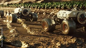 Two autonomous farming vehicles are driving on a dirt road next to a field. The sun is shining and the vehicles are casting long shadows