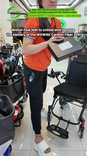 Watch how fast to unfold and remove the battery of the WXWISE Carbon Fiber 208! 👩‍🦼#WXWISE #TravelScooter #Electricscooter #ElectricWheelchair #WheelchairPower #RemoteControlWheelchair #NextLevelMobility #ReelsPH #PWDPhilippines #trendingnow | Wxwise Mobility scooter & Electric wheelchair