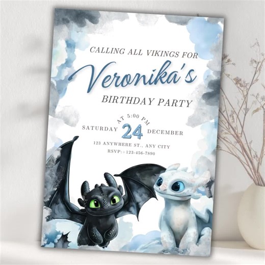 Toothless Dragon Birthday Invitation, Watercolor Theme (digital Download) - Etsy