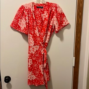 Endless Summer Orange same White Floral Flutter Sleeve Wrap Dress XS