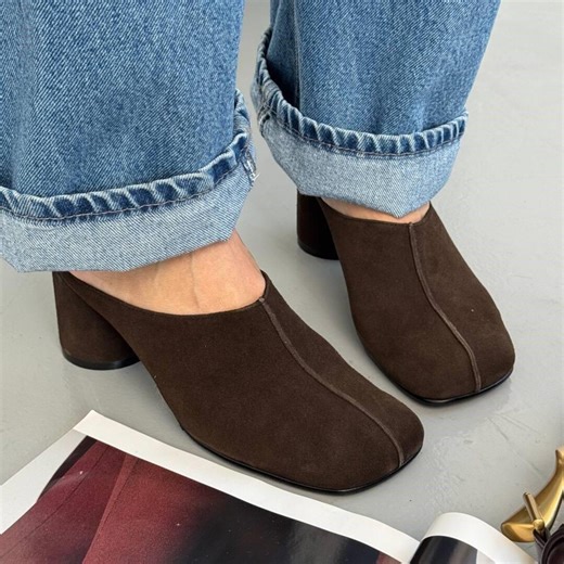 Dark Brown Suede Block Heel Mules, Women's Square Toe Slip-on Sandals, Comfortable Mid Heel Slides, Minimalist Suede Shoes, Handmade Shoes - Etsy