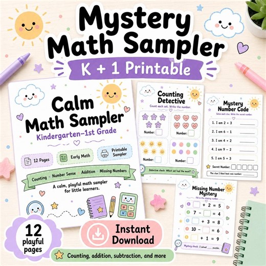 Mystery Math Sampler Printable Worksheets, Early Elementary Math Activities, Addition Subtraction Missing Numbers, Kids Math PDF