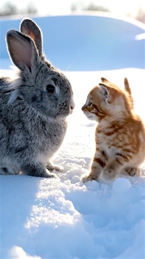 A bunny falling in love with a kitten in the snow.