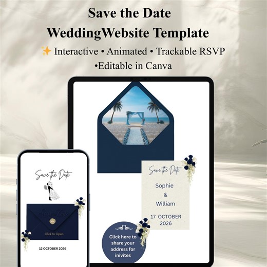 Navy Blue Save the Date Invitation Template Editable Canva Digital Wedding Invite With Google Form - Etsy