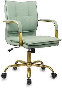 CLATINA Leather Home Office Desk Chairs, Swivel Mid-Back Computer Chair with Golden Legs and Arms, Comfy Upholstered Task Chair with Wheels, Green