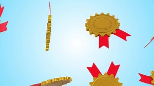 Gold Medal with Red Ribbon. 3D Golden Badge Falling Animation. Golden Award. 4K