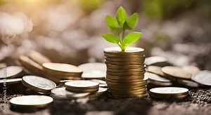 Visualizing Financial Growth: Plant Emerging from Coin Stack
