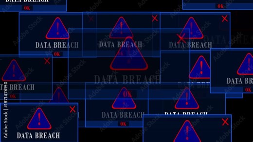 Data Breach Warning Error Window Pop-Up on Black Screen, Cyber Security Alert, Information Leak, Hacker Attack, System Compromised, Digital Privacy Threat, Futuristic UI Notification
