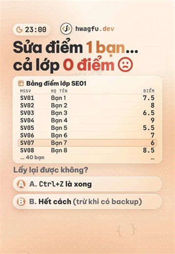 Sửa nhầm điểm bằng UPDATE trong SQL: tránh sửa cả lớp thành 0