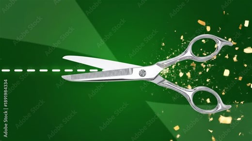 Silver Scissors Cutting Dashed Line on Green Background With Sparkles and Gold Confetti
