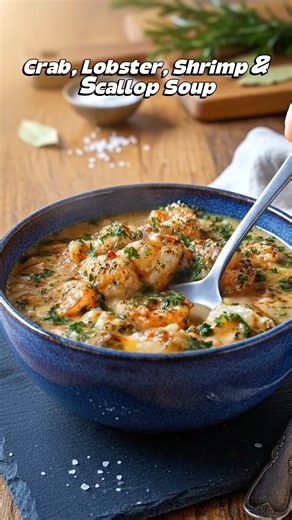 Crab, Lobster, Shrimp & Scallop Soup🦀🦞🦐 A rich, creamy seafood soup loaded with tender shellfish, buttery flavor, and a smooth, velvety broth perfect for an elegant dinner or cozy comfort meal. 🛒 Ingredients (Serves 4–6) 🦐 Seafood: 1 cup lump crab meat (drained if canned) 1 lobster tail, cooked and chopped 1 cup shrimp, peeled & deveined 1 cup sea scallops (halved if large) 🧄 Aromatics & Base: 2 tablespoons butter 1 tablespoon olive oil 1 small onion, finely diced 2 cloves garlic, minced 1