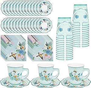 Disposable Tea Party Cups - 24 Pack Floral Tea Cup and Saucer Set Paper Tea Cups with Handles Tea Party Decorations for Kids Girls Coffee Mugs Wedding Birthday Bridal Baby Shower Tea Party Supplies