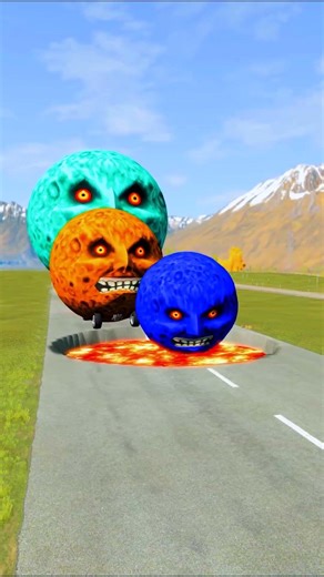 Big and small moon monster machines against a giant pit #0074