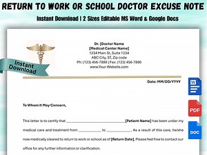 Return to Work Doctor Note Template, Editable Medical Excuse (PDF) - Etsy Canada