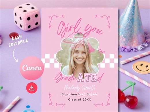 Pink Graduation Invite, Girl You Graduated, Hand-drawn Girly Graduation Announcement, High School Party, Canva Template (digital Download) - Etsy