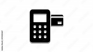 Black Pos terminal with inserted credit card icon isolated on white background. Payment terminal transaction. 4K Video motion graphic animation