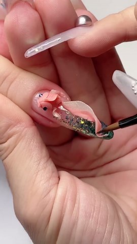 Satisfyingly Sparkling Blue With 3D Peach Rose Nail Art