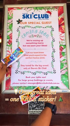 💡one idea = one sticker 🎄Let’s make this Christmas extra special together! We’re spreading some festive cheer, And giving away our iconic Ski Club stickers! 🎅🎄 Got a great idea for our upcoming Christmas special drink? Share it with our team at the bar and you will score a free Darwin Ski Club sticker, simple as that! #fromwhereyouwouldratherbe #darwinskiclub #darwin #northernterritory #thingstododarwin #thingstododarwinnt #special #skiclub #christmas #christmasspecial #darwinnt #darwinevent