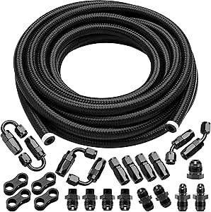 3/8‘’ 6AN 20FT Fuel Line Kit, Nylon Stainless Steel Braided CPE Fuel Line Hose Kit With 23PCS Swivel Hose Fittings Adapter