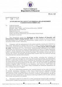 DepEd Memorandum 036, s. 2021: GUIDELINES ON THE CONDUCT OF REMEDIAL AND ADVANCEMENT CLASSES DURING SUMMER 2021
