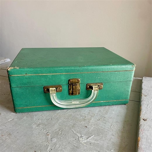 Vintage Wooden Case, Empty Vinyl Record Player Box, Lucite Handle, Aged Brass Hardware, Green With Gold Striped Trim, SHABBY CHIC Marvelous! - Etsy
