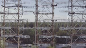 Aerial view Duga-1 array within the Chernobyl Exclusion Zone. Duga was Soviet over-the-horizon used as part of the Soviet missile defense early-warning radar network