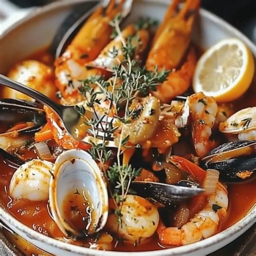 Cacciucco – Ragoût de fruits de mer toscan Ingrédients : Pour la base du ragoût : - 3 cuillères à soupe d'huile d'olive - 1 pincée de flocons de piment - 1 pincée de graines de fenouil - 4 gousses d'ail, finement hachées - 1 oignon, finement haché - 1 branche de céleri, finement hachée - 1 petit poulpe, nettoyé et tranché - 1 petit calmar, nettoyé et coupé en anneaux - 300 ml de bouillon de poisson - 2 brins de sauge - 1 litre de passata (coulis de tomates) - Sel et poivre Pour les fruits de mer