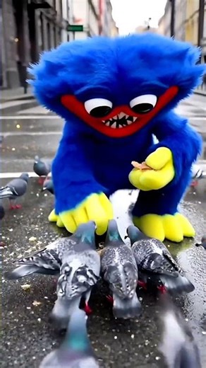Huggy Wuggy feeds pigeons with bread crumbs