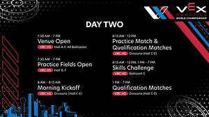 It's Day Two of the VEX Robotics World Championship and our first full day of matches! Be sure to double check your division's match list and schedule at vexworlds.com and have a great day of competition! | VEX Robotics