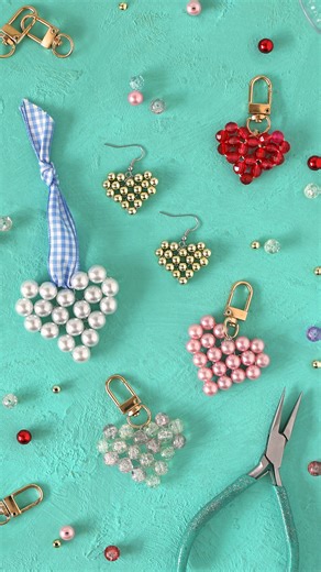 Learn how to make heart-shaped beaded charms. This is such a fun bead craft and you can turn them into earrings, keychains, necklaces or anything else you can dream up. Full detailed tutorial linked in the comments. What fun! #crafts #jewelrymaking #crafttutorial #valentinesdaycrafts | The Craft Patch