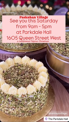 Come join us and celebrate a traditional Filipino Christmas Market on Saturday, November 8, 2025, at the Parkdale Hall 1605 Queen Street West in Toronto. Doors will open at 8:30 am and we will be there until 5pm. Enjoy a festive celebration of Filipino cuisine, both sweet and savoury, embrace the culture and tradition with unique merchandises. There will be live entertainment so make sure to bring your friends and family and don’t forget to pickup some Sans Rival Cakes and Silvanas from our boot
