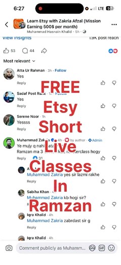 Free Live Classes of Etsy in Ramzan inshAllah Want to Learn Etsy? Want to work on Digital files ? InshAllah Ramzan ma Free Live Classes Question Answer Sessions hon gy Ab na kehna bhai k Fee kam kar do is sy kam Fee ma nahi kar sakta Is post ko maximum logon tak share karna hy apny Whatsapp channel ko follow kar len inshAllah 1st Ramzan ko Apko whatsapp Channel par Date mil jaye gy or form bhi Check First Comment JazakAllah | Muhammad Zakria