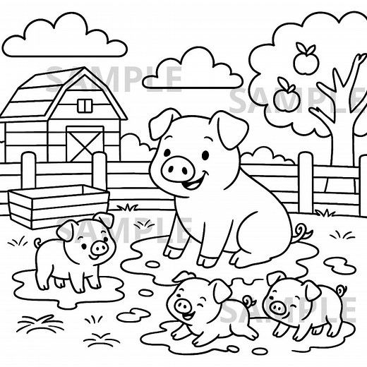 Pig Coloring Page PNG, Cute Piglets in Mud Farm, Barn and Apple Tree Printable, Kids Activity Coloring Sheet, Farm Animals Digital Download - Etsy