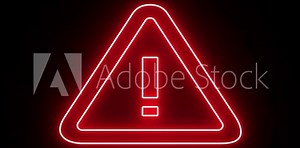 Red neon attention animated sign for design. Warning icon. Attention sign. Exclamation mark in triangle icon isolated on black background.