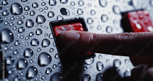 Close-up of a finger pressing a red button on a wet surface with water droplets, showcasing technology