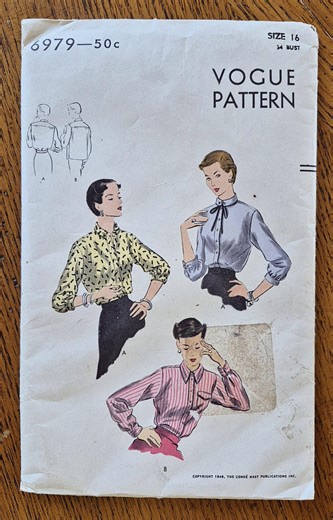 Vogue Sewing Pattern Vintage 1940s 1950s Women's Blouse Size 16 6979 Unused - Etsy