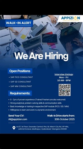 We're Hiring Freshers SAP Interns! Hyderabad We're looking for skilled and passionate SAP professionals ready to grow and make an impact! Open Positions: SAP FICO - 10 openings SAP SD - 10 openings SAP MM - 10 openings Experience: 0-2 Years Trained Freshers are also welcome! Work Mode: Work from Office (Immediate Joining Preferred) We're hiring for an urgent AMS Project, offering a great opportunity for candidates who are confident in their SAP skills and eager to contribute, learn, and grow the