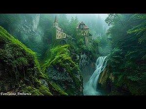 Celtic Melodies of Spring: Serene Castle and Waterfall in the Lush Forest